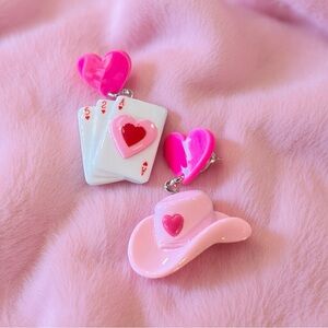 Pink Heart and Card and Cowboy Hat Charm Earrings